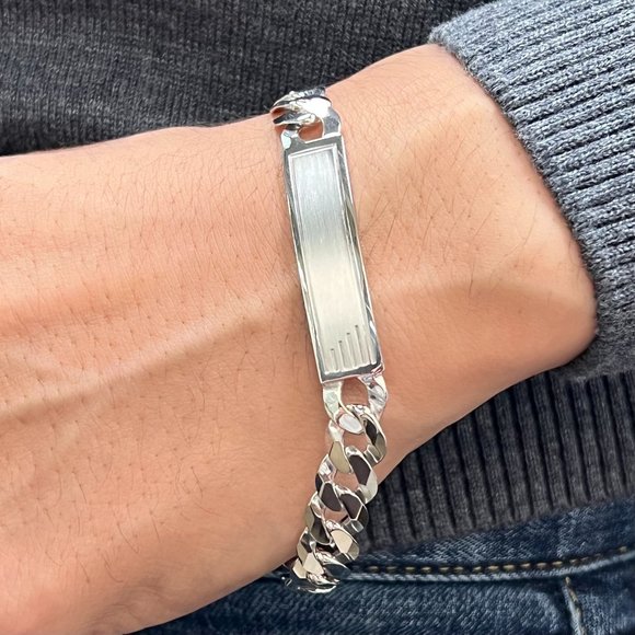 Curb Cuban Link Chain Mens ID Polished Bracelet 925 Sterling Silver 9 Inches - Picture 2 of 6